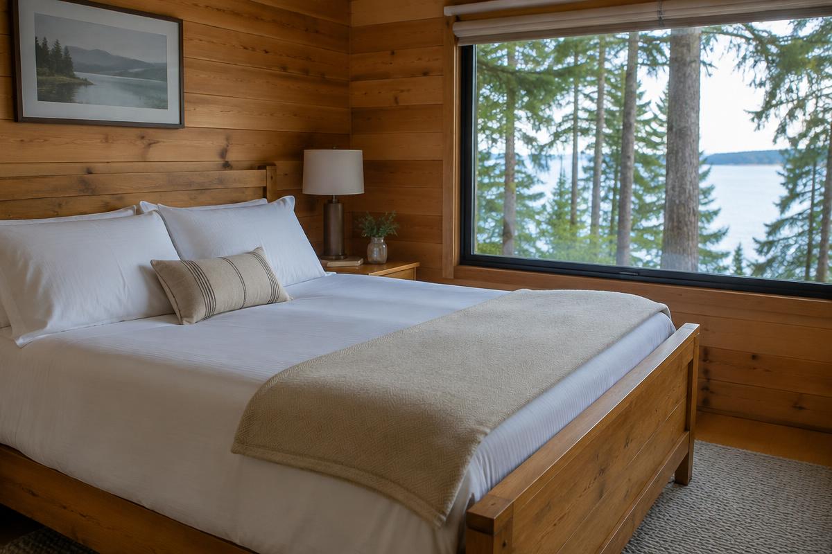 Wood bed in white linens with a cream blanket, window toward the lake through cedars