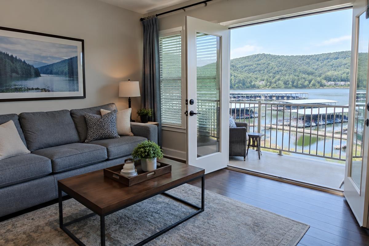 Condo living room with gray sofa and a balcony onto the marina and wooded hills