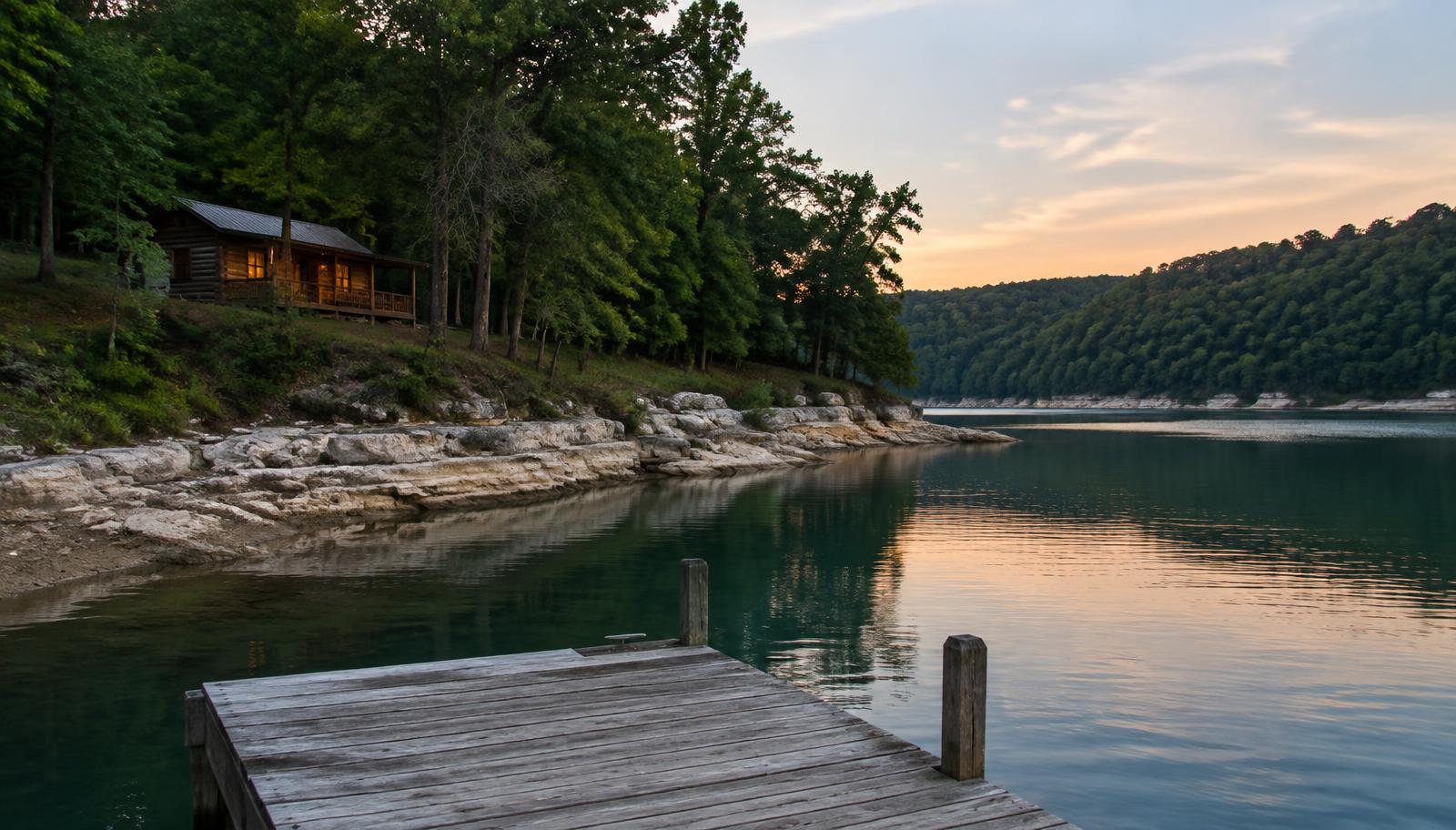 Quiet cove with a wooden dock, limestone waterline and a log cabin