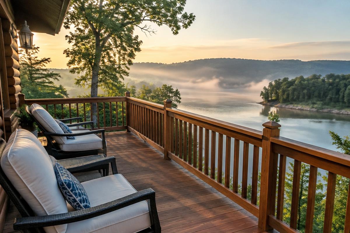 Swept lake-view cabin deck with chairs squared and cushions out in morning light