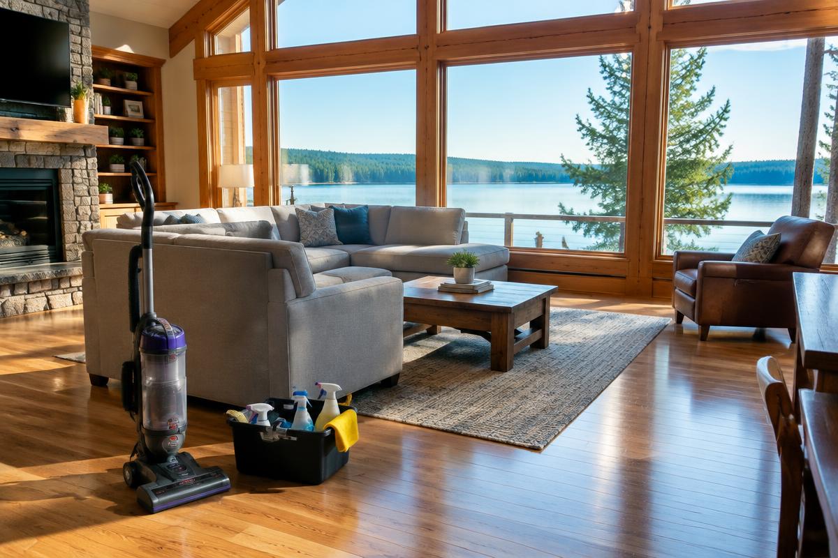 Cabin living room after a deep clean with streak-free lake windows, an upright vacuum and a spray caddy