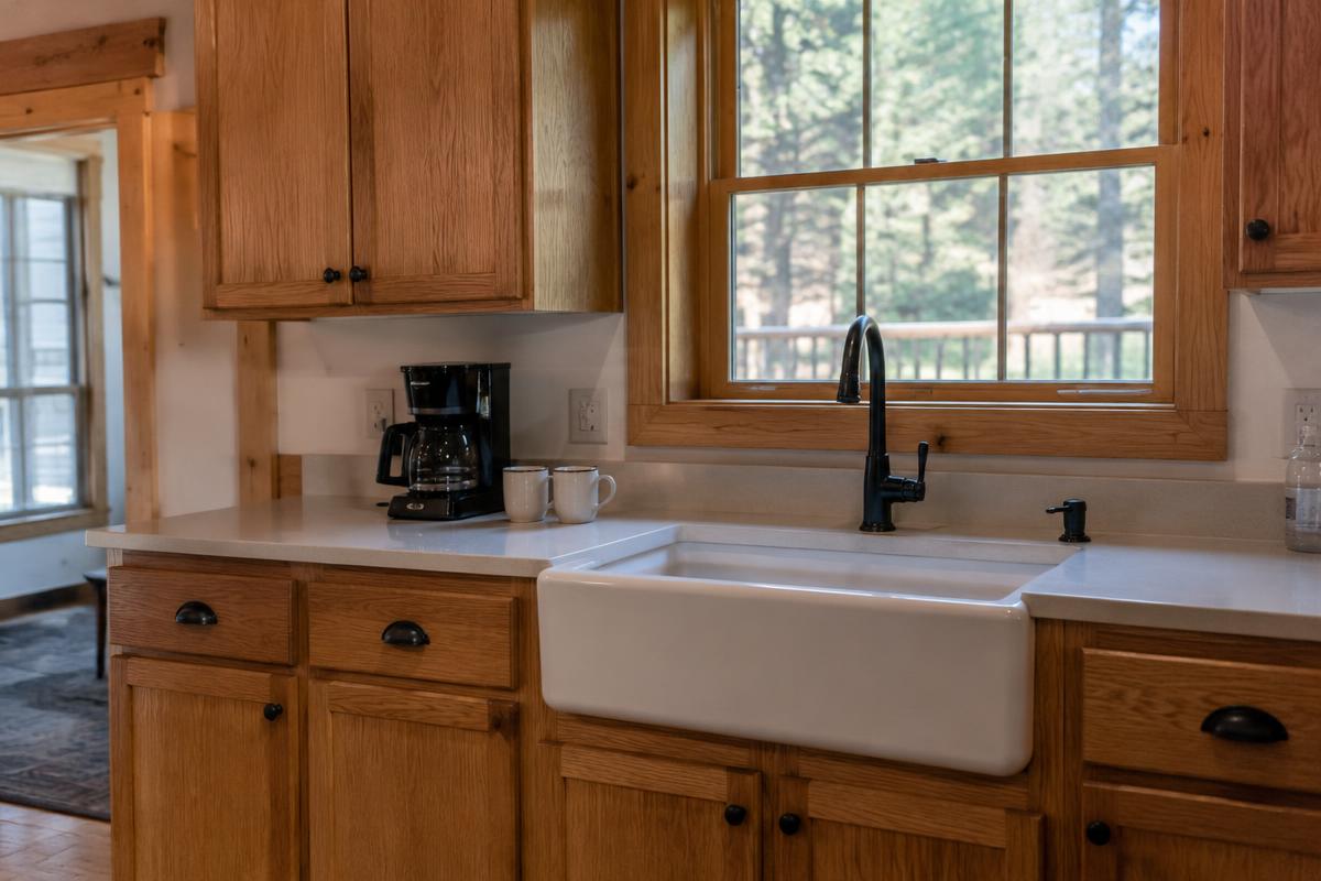Oak cabin kitchen with wiped counters, empty farmhouse sink, coffee maker and two mugs