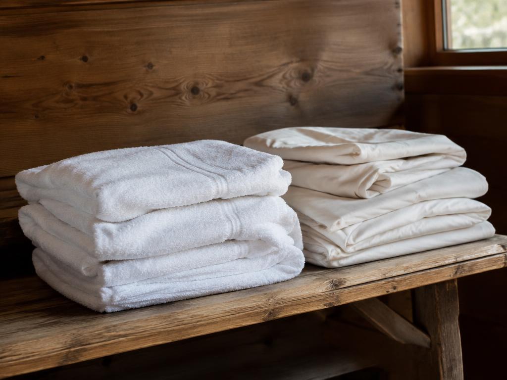 White towels and cream sheets folded on a wooden bench