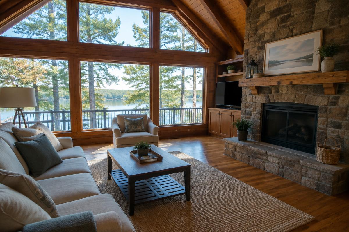 Cabin living room with cream sofa, wood beams, stone fireplace and lake view