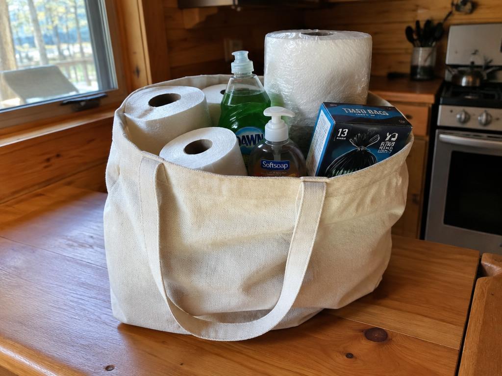 Canvas tote on a counter with toilet paper, soaps, trash bags and paper towels